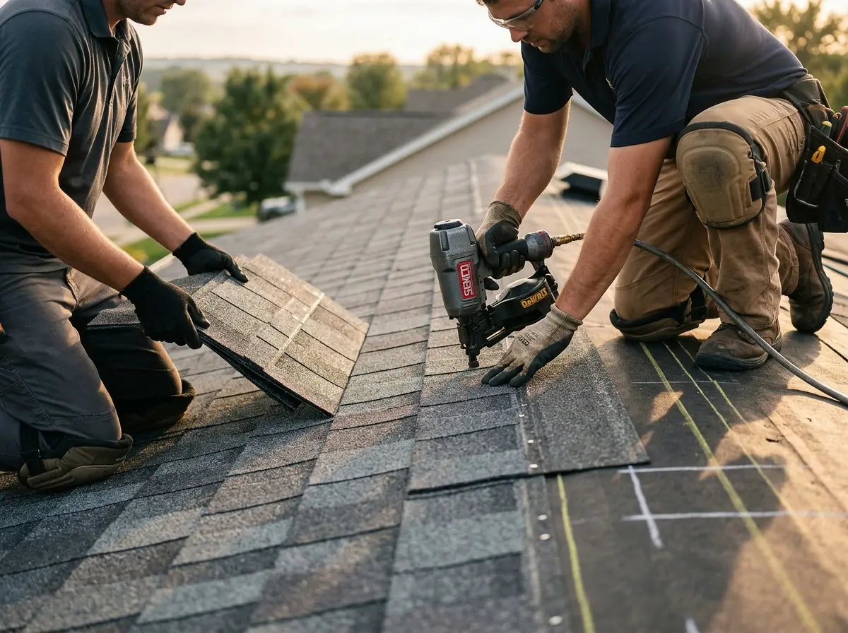 Professional roofer working on a residential roof in Oak Park